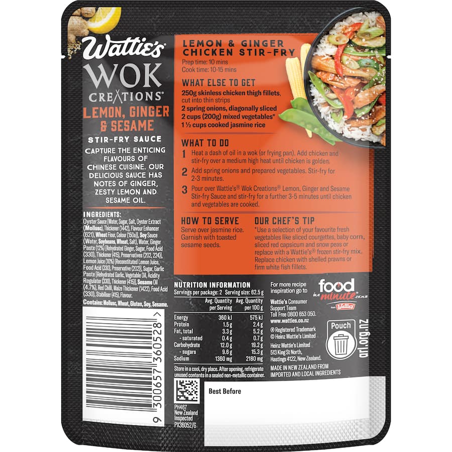 Watties Wok Creations Stir-fry Sauce Lemon, Ginger & Sesame Pouch 125g