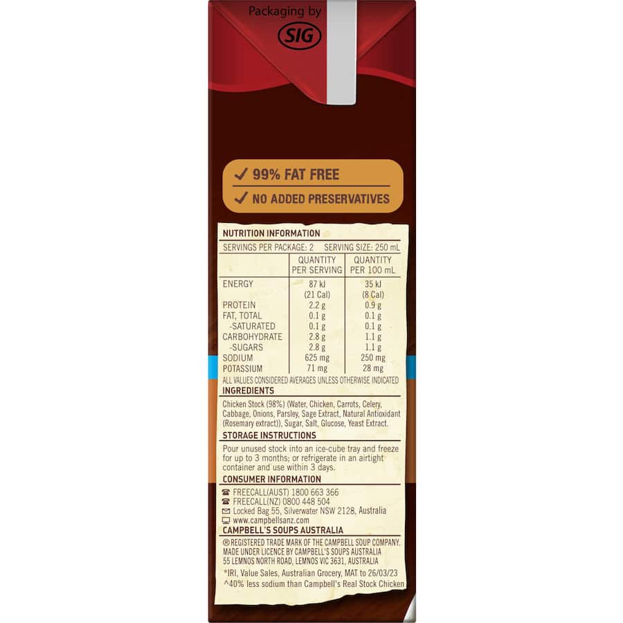 Campbells Real Stock Chicken Stock Liquid Reduced Salt Carton 500mL