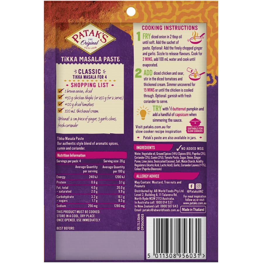 Pataks Recipe Base Tikka Masala Medium Sachet 80g