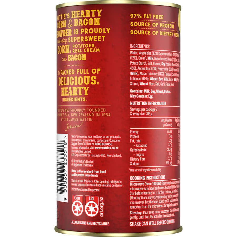 Wattie's Hearty Soup Corn & Bacon Chowder Canned 535g
