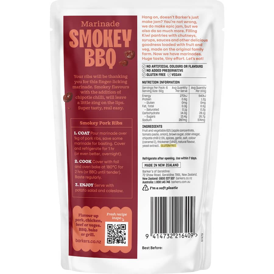 Barker's Bbq Sauce Marinade Smokey Pouch 300g