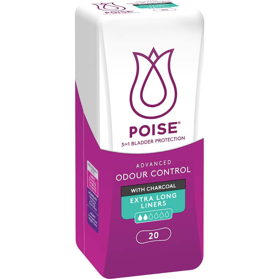Poise Continence Liner Extra Long With Charcoal 20pack