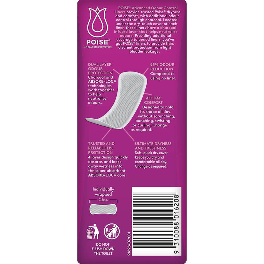 Poise Continence Liner Extra Long With Charcoal 20pack