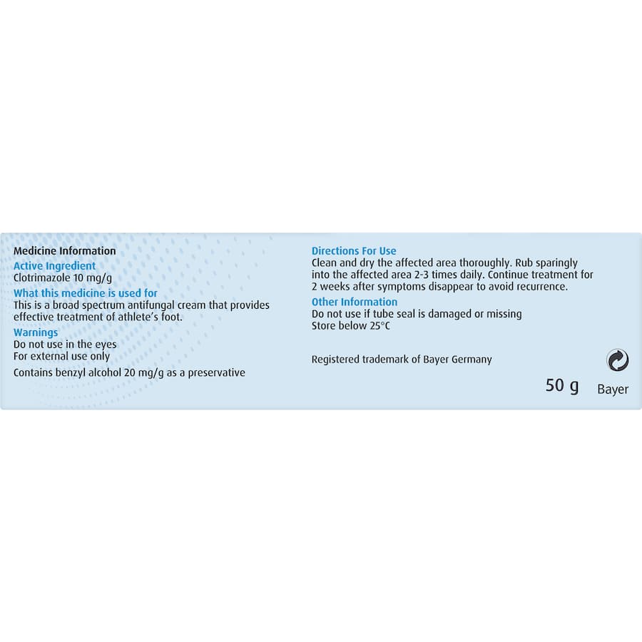 Canesten Athletes Foot Cream Clotrimazole 10mg/g 50g