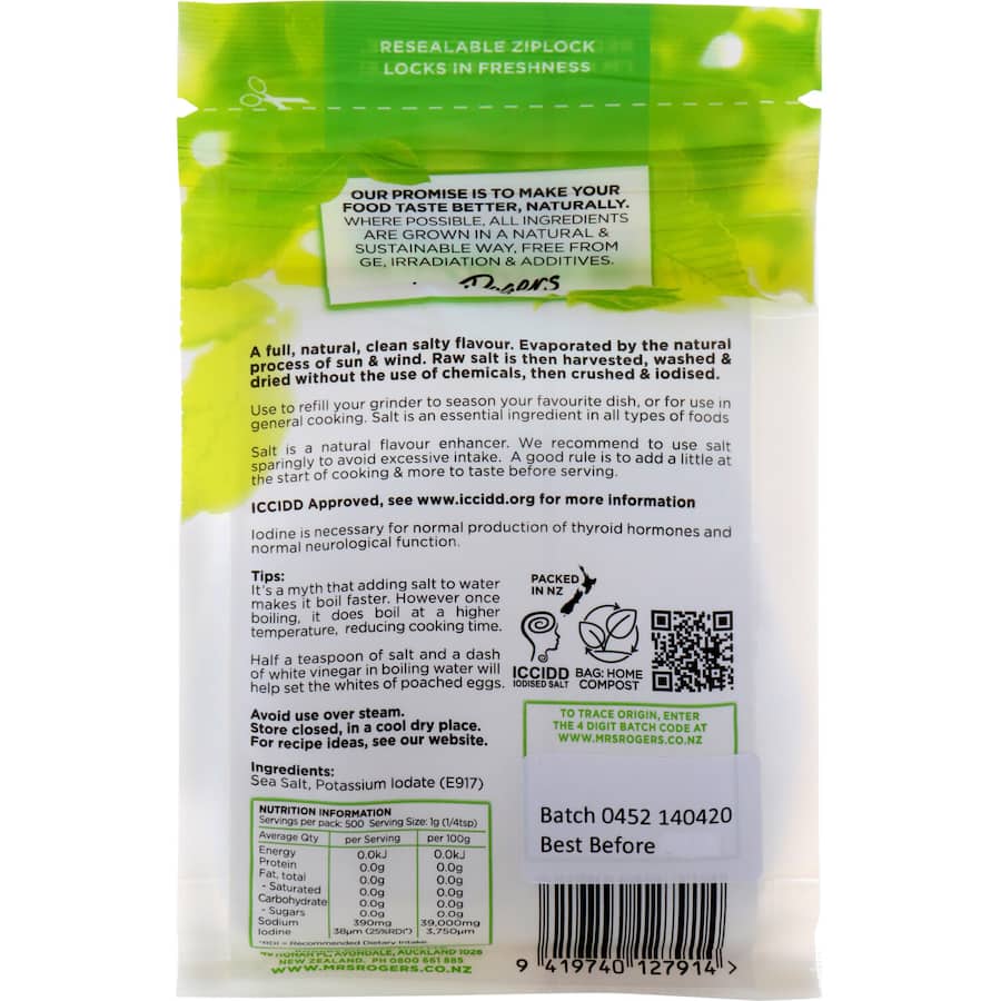 Mrs Rogers Sea Salt Iodised Resealable bag 500g