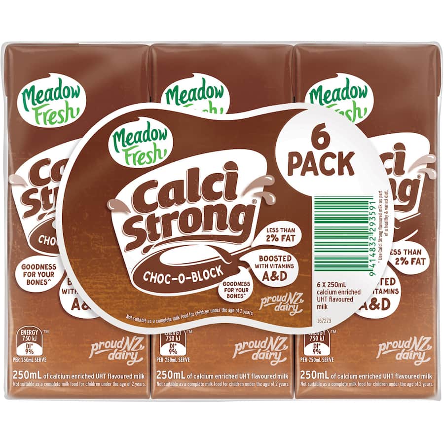 Meadow Fresh Calci Strong Flavoured Milk Chocolate Uht 6pk 250mL
