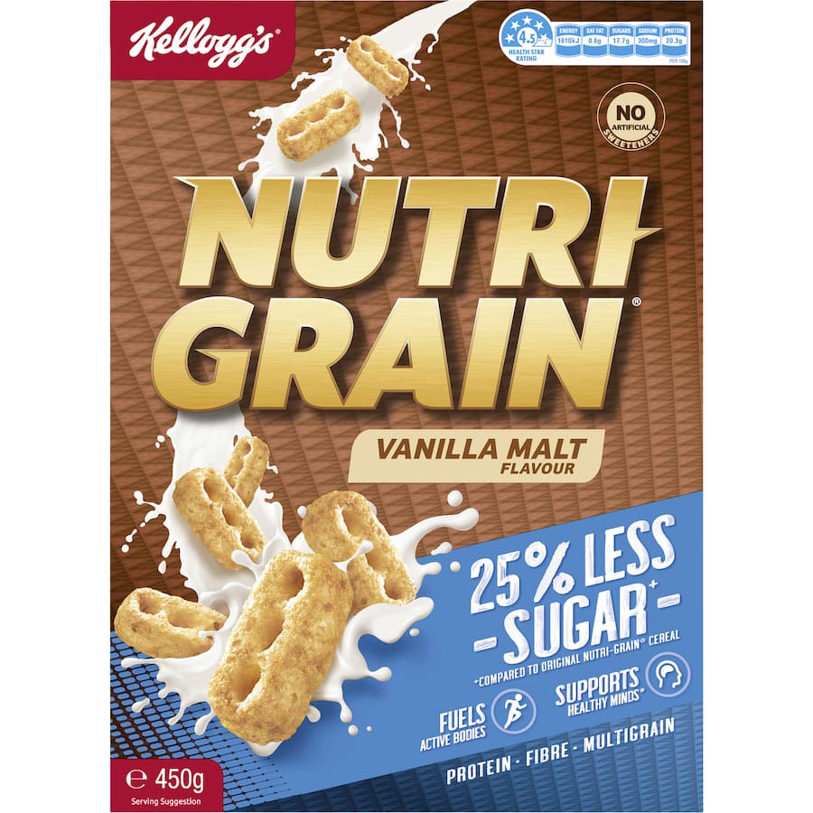 Kellogg's Nutrigrain Cereal Vanilla Malt 25% Less Sugar 450g