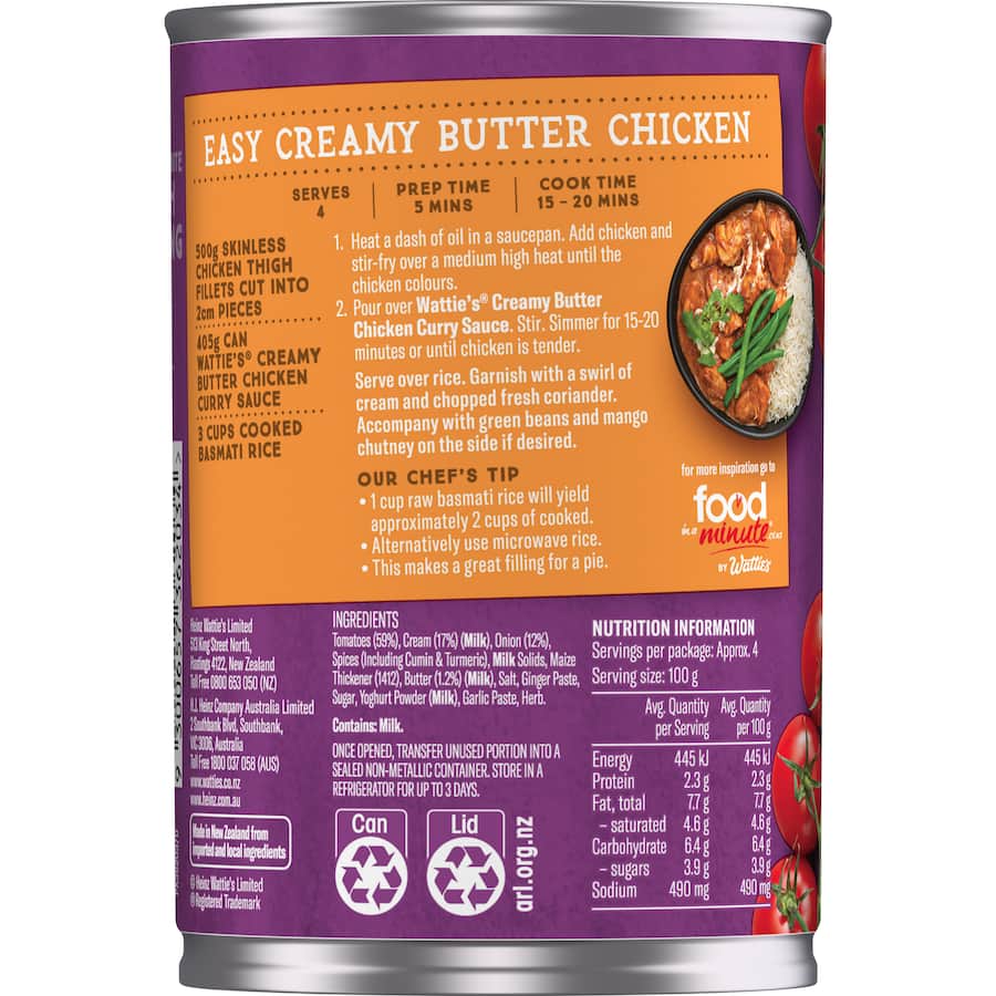 Watties Curry Sauce Creamy Butter Chicken Can 405g