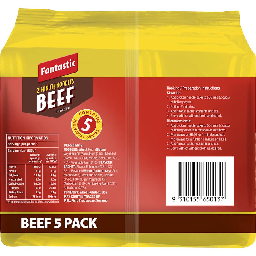 Fantastic 2 Minute Instant Noodles Beef Multi Pack 5pk 425g