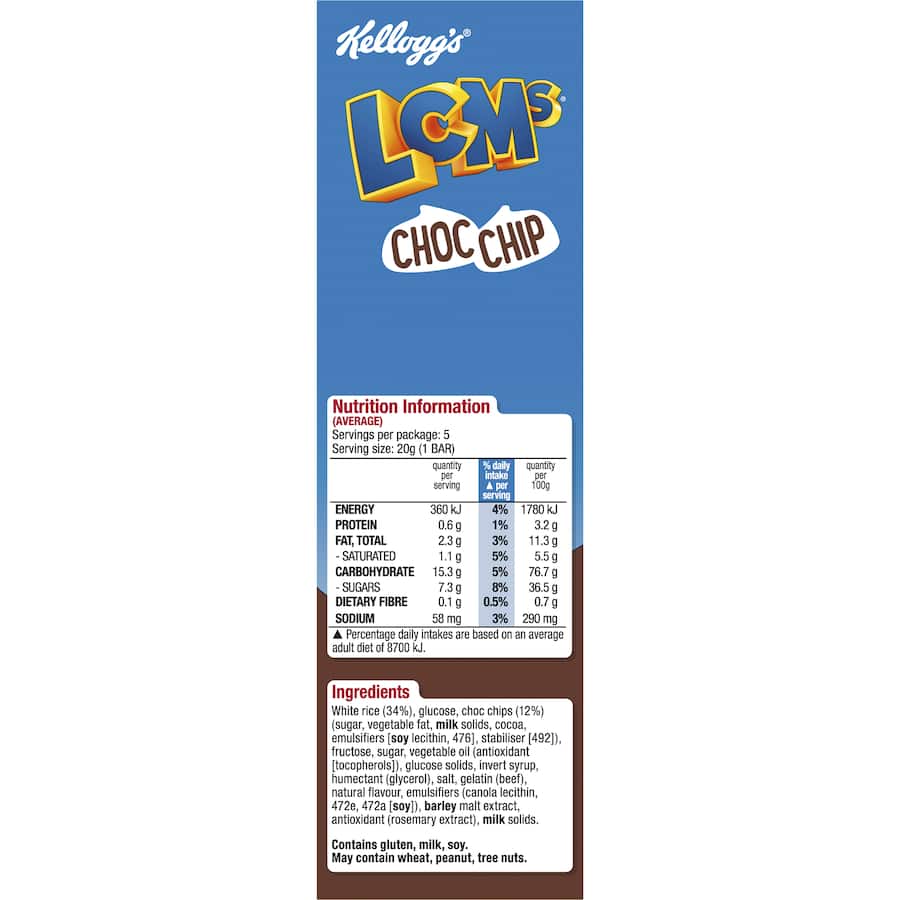 Kellogg's Lcms Cereal Bars Choc Chip Rice Bubbles 5pk 100g