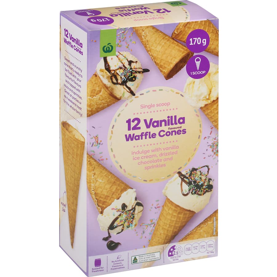 Woolworths Ice Cream Cones Waffle Vanilla 170g Boxed 12pack