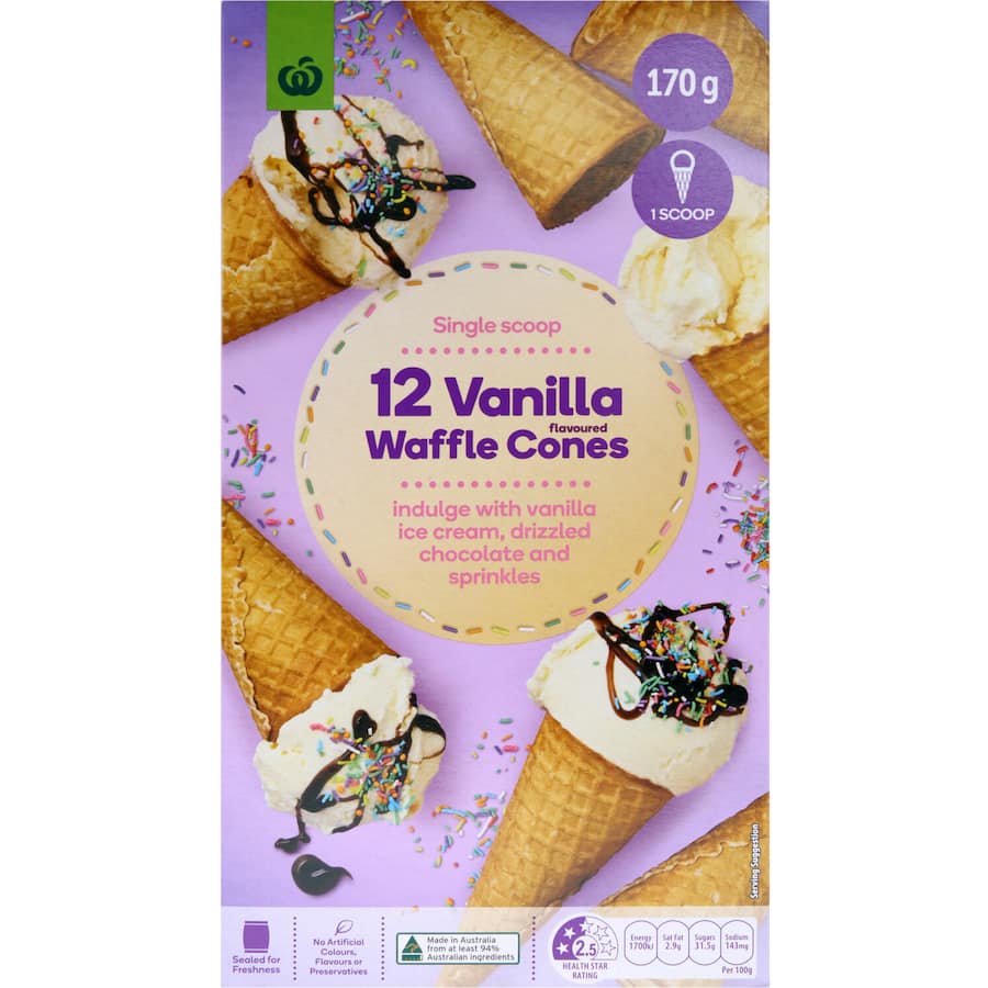 Woolworths Ice Cream Cones Waffle Vanilla 170g Boxed 12pack