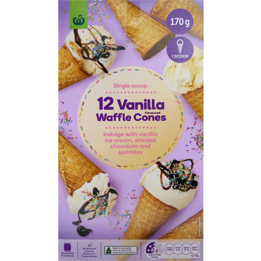 Woolworths Ice Cream Cones Waffle Vanilla 170g Boxed 12pack
