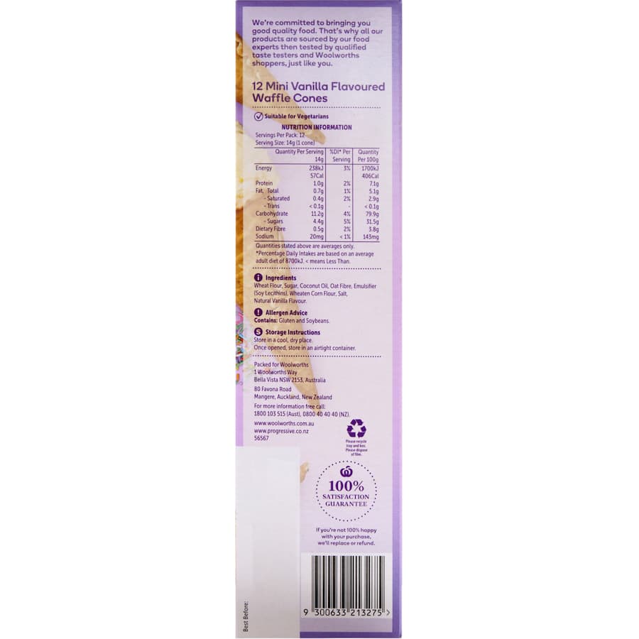 Woolworths Ice Cream Cones Waffle Vanilla 170g Boxed 12pack