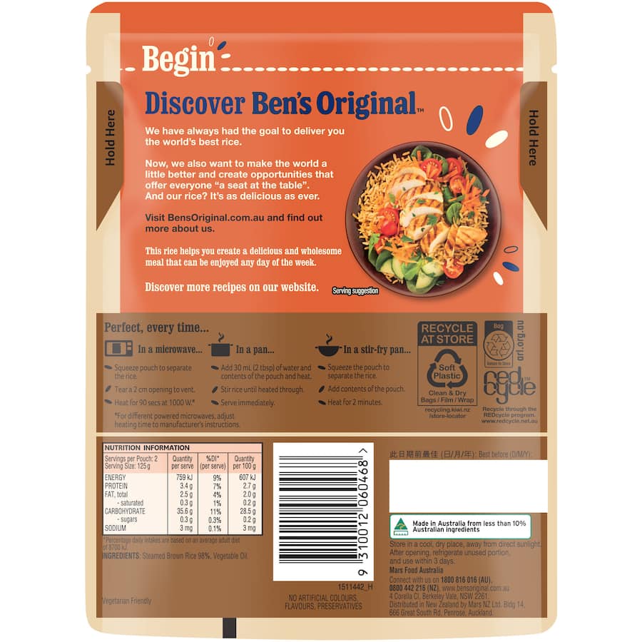 Bens Original Microwave Rice Brown Rice Pouch 250g
