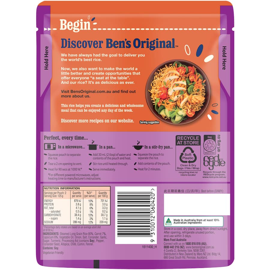 Bens Original Microwave Rice Vegetable Pilau Rice Pouch 250g