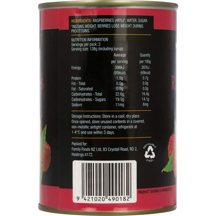 Family Raspberries In Syrup Can 415g