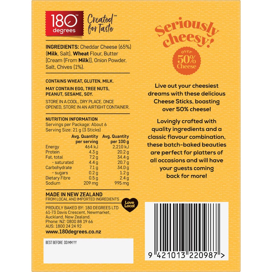 180 Degrees Cracker Cheese Sticks Cheddar & Chives 130g