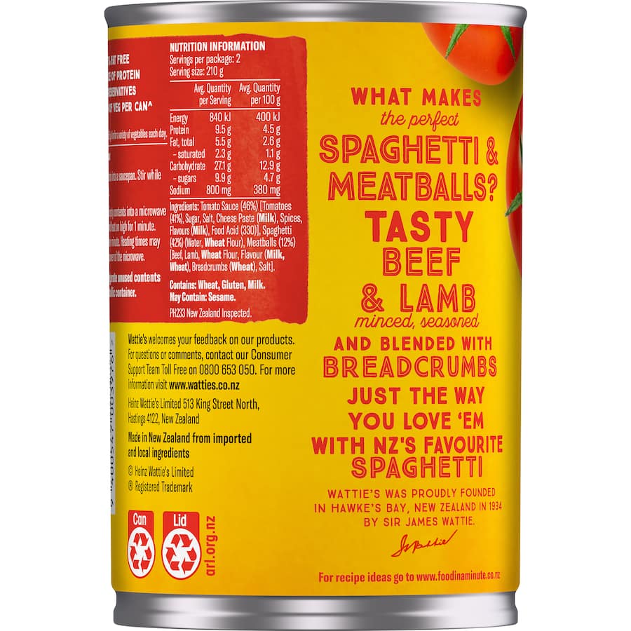 Watties Spaghetti With Meatballs  Can 420g