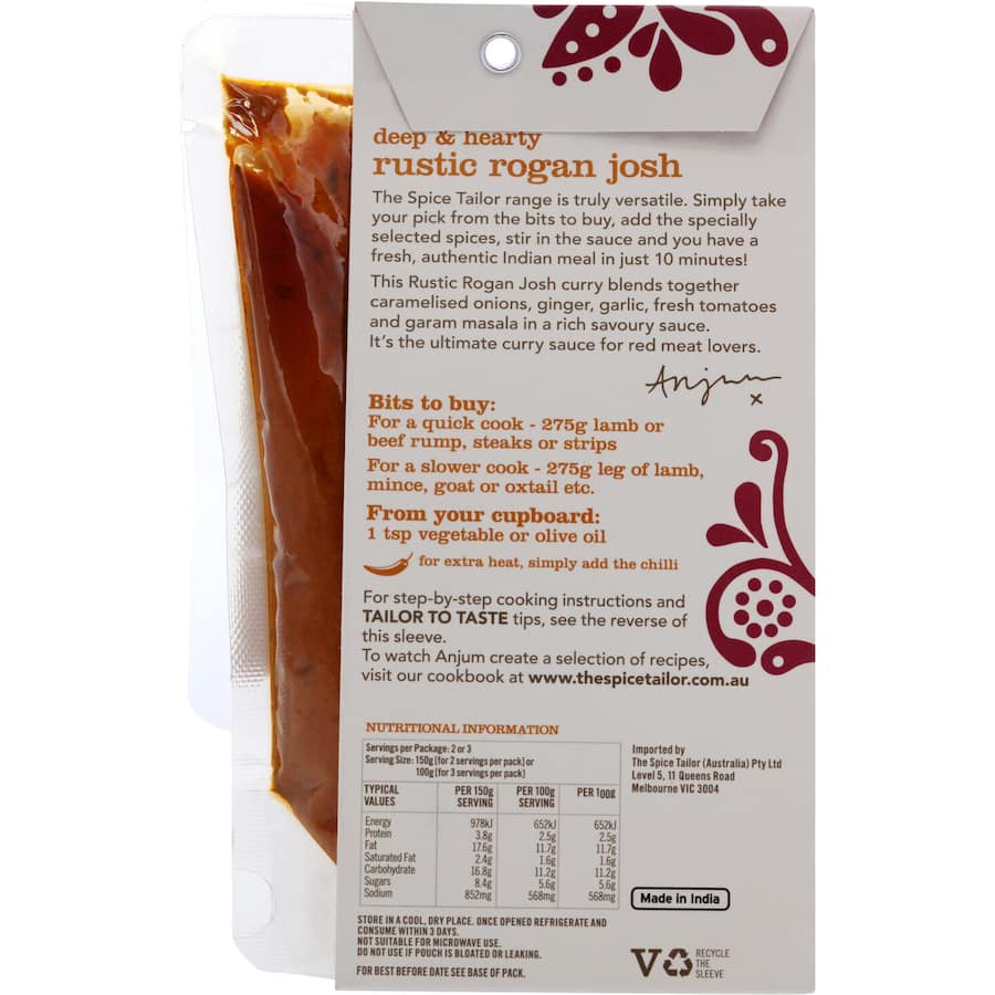 The Spice Tailor Recipe Base Rustic Rogan Josh Mild Packet 300g