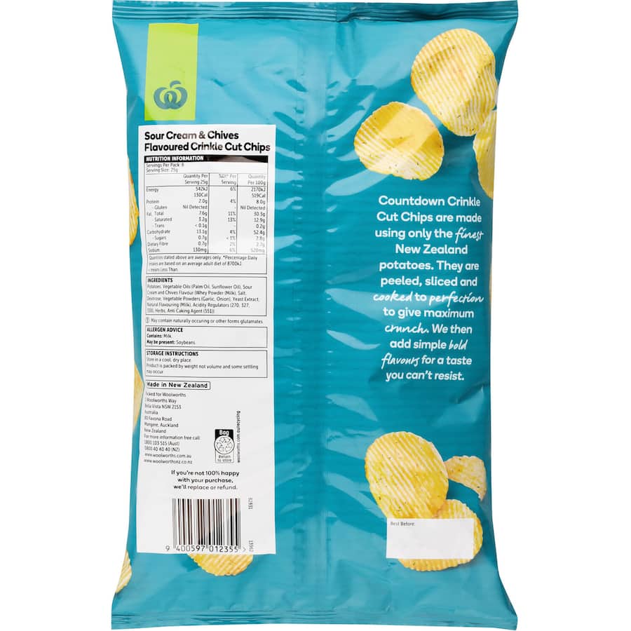 Woolworths Chips Sour Cream Chives Crinkle Cut 150g