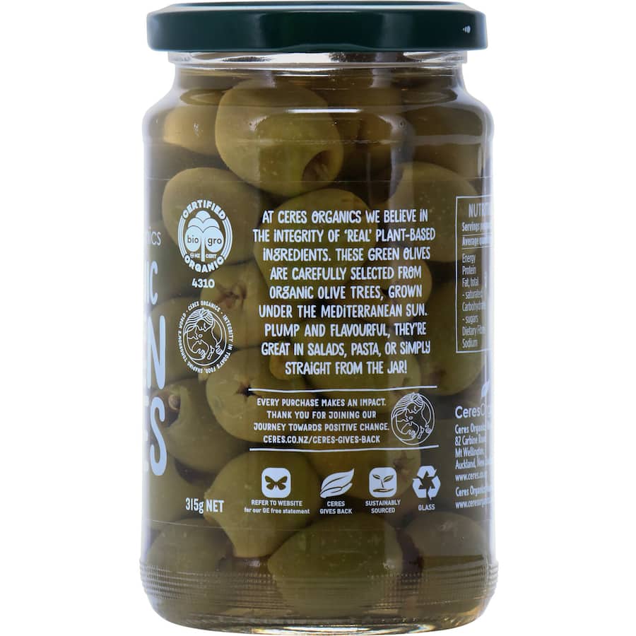 Ceres Organics Olives Pitted Green 315g