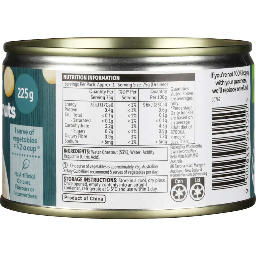 Woolworths Water Chestnuts Sliced Tin 225g