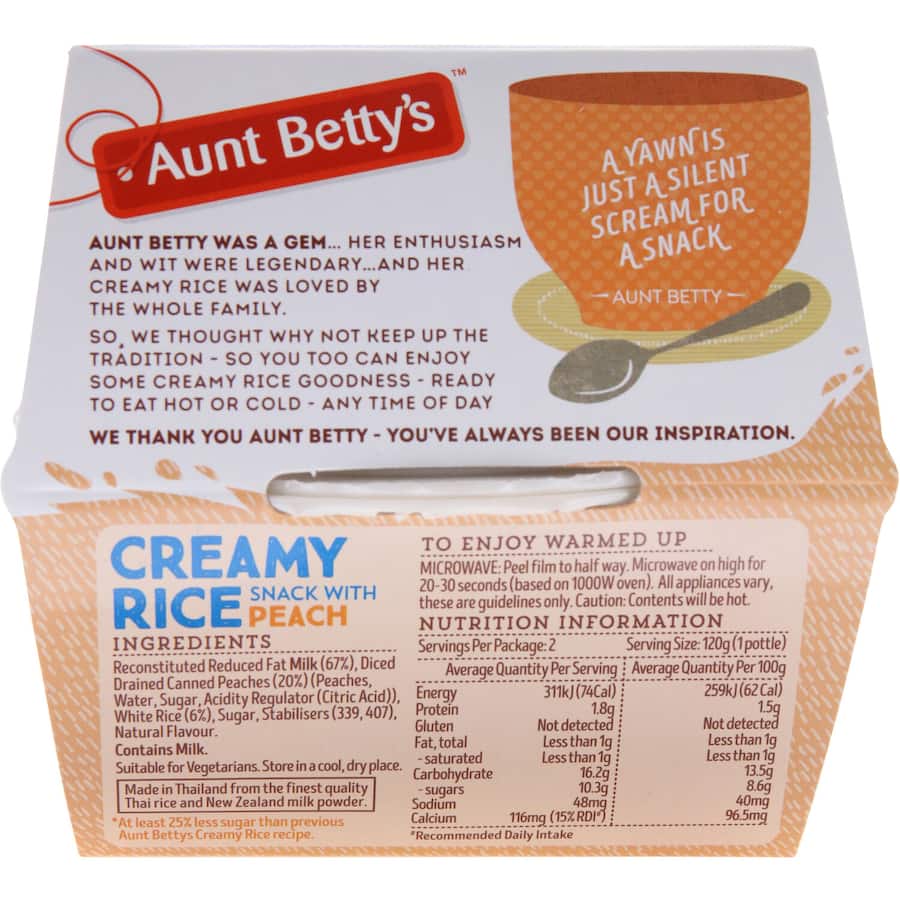 Aunt Bettys Creamed Rice Rich Peach 240g 120g pottles 2pack