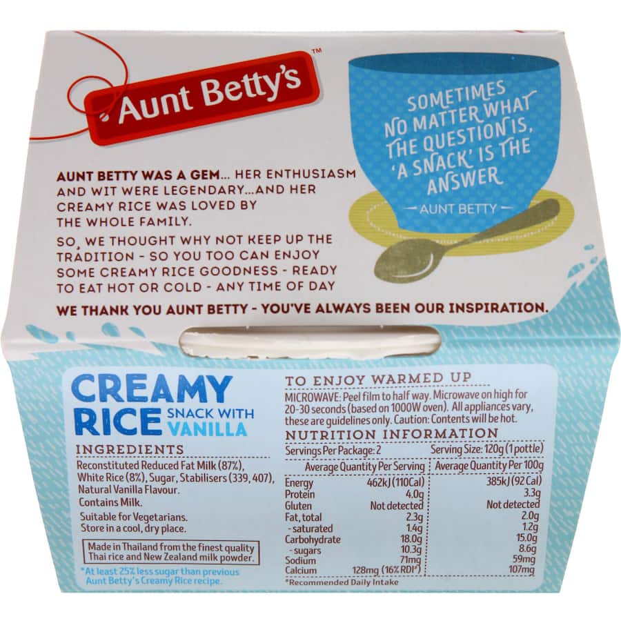 Aunt Bettys Creamed Rice Vanilla 240g 120g pottles 2pack