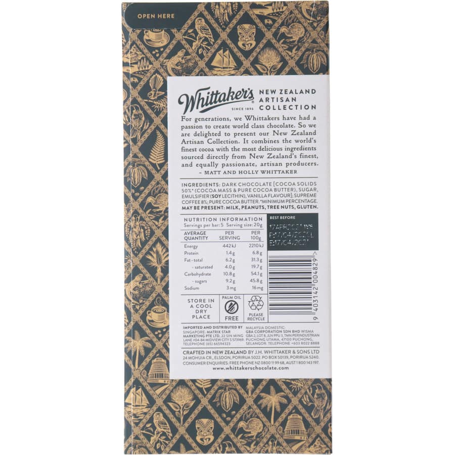 Whittakers Artisan Collection Chocolate Roasted Supreme Coffee Block 100g