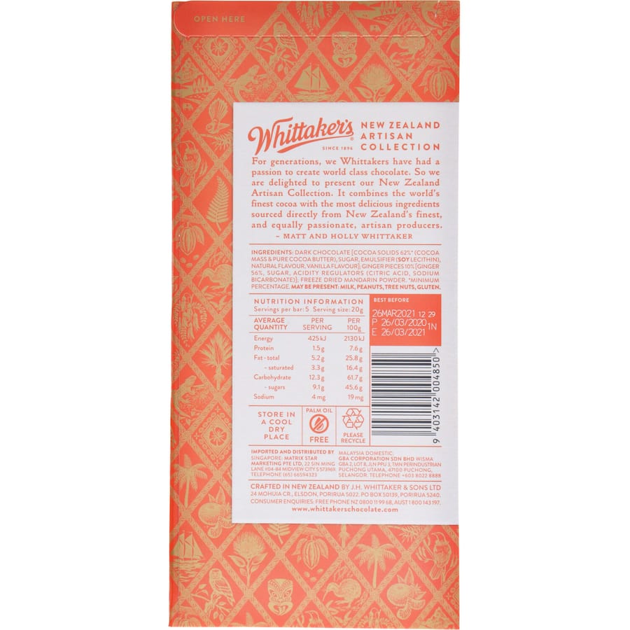 Whittakers Artisan Collection Chocolate Dark Ginger & Mandarin Block 100g