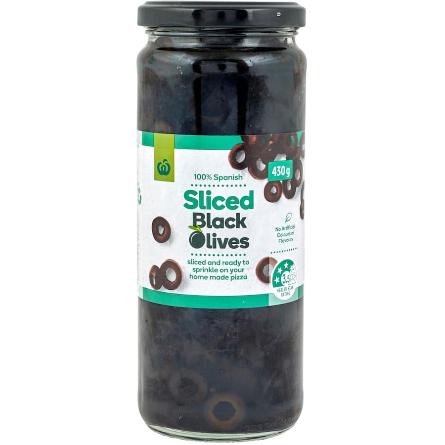 Woolworths Olives Black Sliced 430g