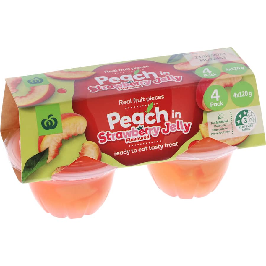 Woolworths Fruit Snack Peach In Strawberry Jelly 480g 120g pottles 4pack