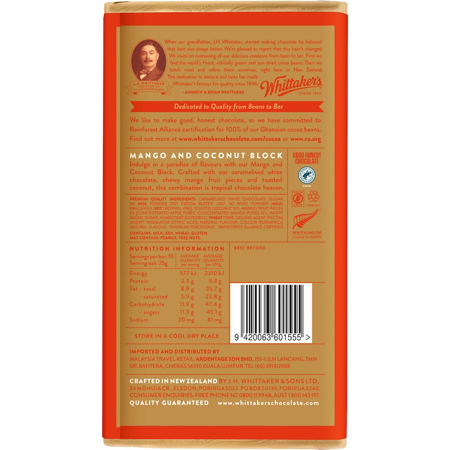 Whittakers Chocolate White Mango & Coconut Block 250g