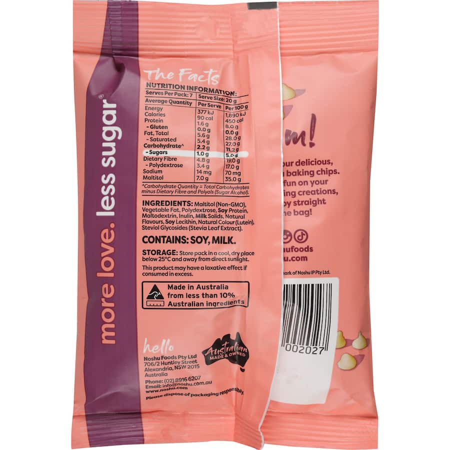 Noshu 95% Sugar Free Chocoate Chips White Chocolate Bag 140g