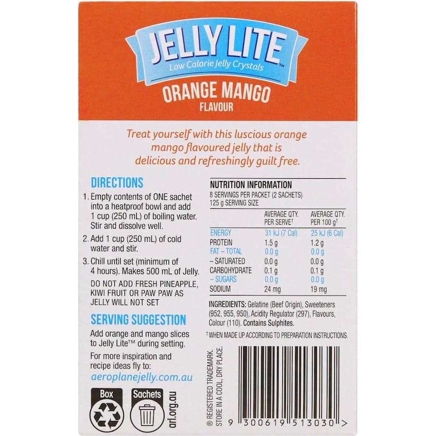 Aeroplane Jelly Lite Crystals Orange Mango Low Sugar Sachet 2 x 9g