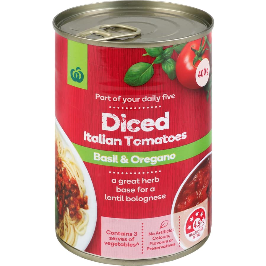 Woolworths Diced Tomatoes Italian Basil Oregano Can 400g