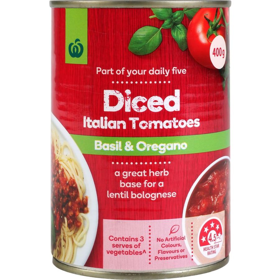 Woolworths Diced Tomatoes Italian Basil Oregano Can 400g