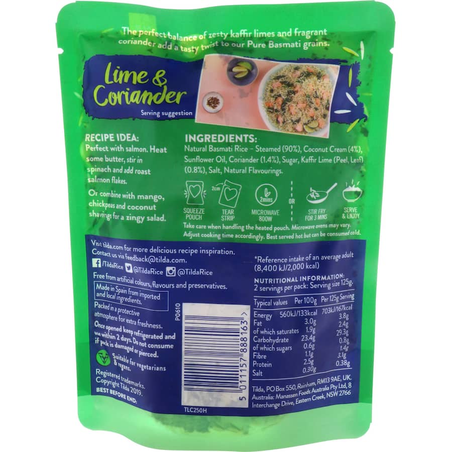 Tilda Steamed Rice Lime & Coriander Basmati Pouch 250g