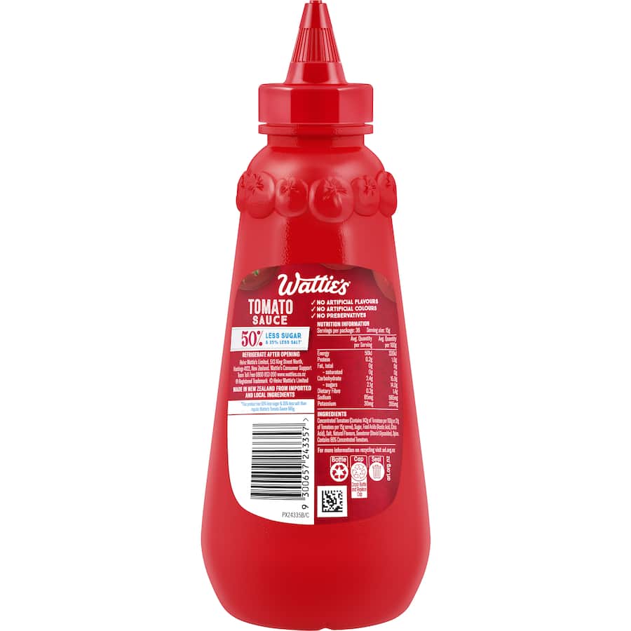 Watties Tomato Sauce 50% Less Sugar Squeeze bottle 540g