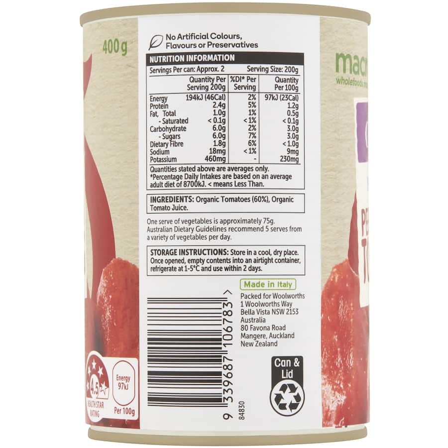 Macro Organic Peeled Tomatoes Italian No Added Salt Can 400g