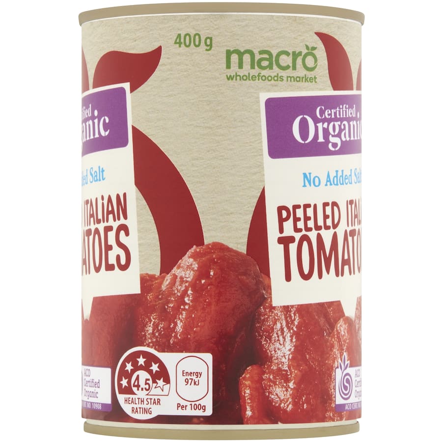 Macro Organic Peeled Tomatoes Italian No Added Salt Can 400g