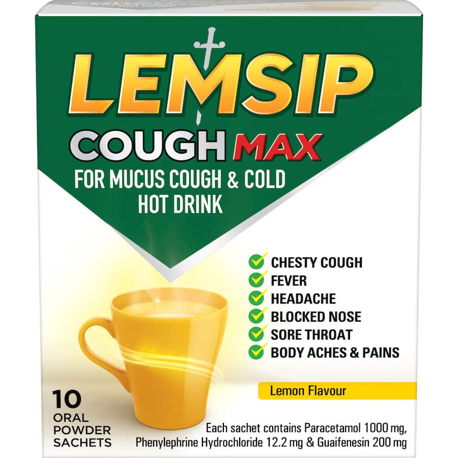 Lemsip Cough Max For Mucus Cough & Cold Lemon Hot Drink Sachets 10pack