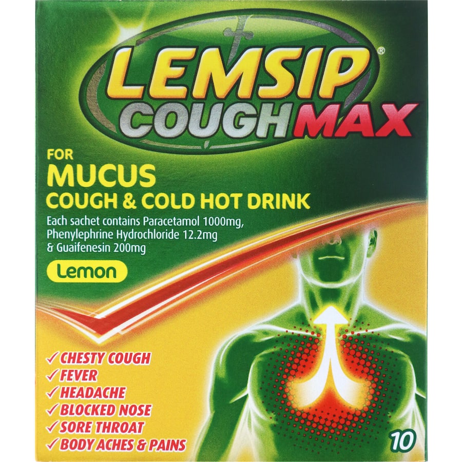 Lemsip Cough Max For Mucus Cough & Cold Lemon Hot Drink Sachets 10pack
