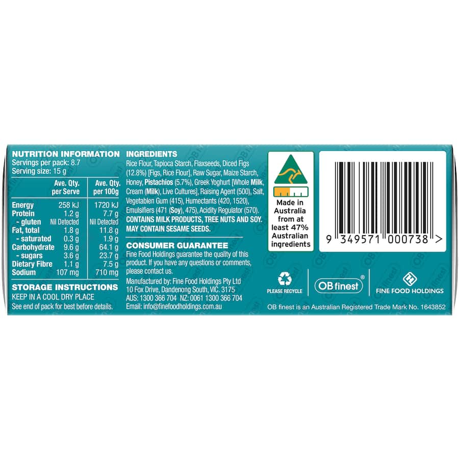 Ob Finest Gluten Free Crackers Fig & Pistachio 130g