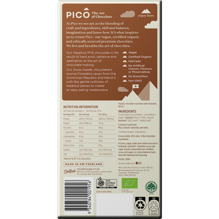 Pico Chocolate Hazelnut Milk Organic & Vegan 80g