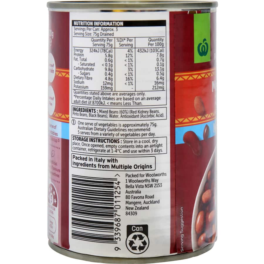 Woolworths Beans Mexican 3 Bean No Added Salt Can 420g