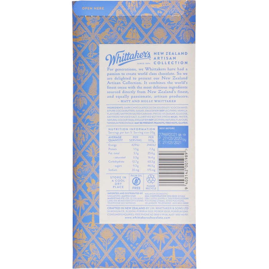 Whittakers Artisan Collection Chocolate Dark Salt & Caramel Block 100g