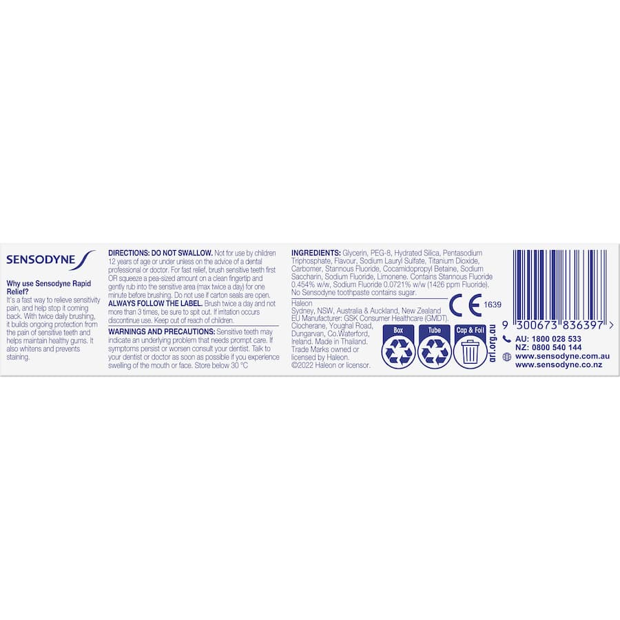 Sensodyne Sensitive Teeth Toothpaste Rapid Relief Cool Mint Tube 100g