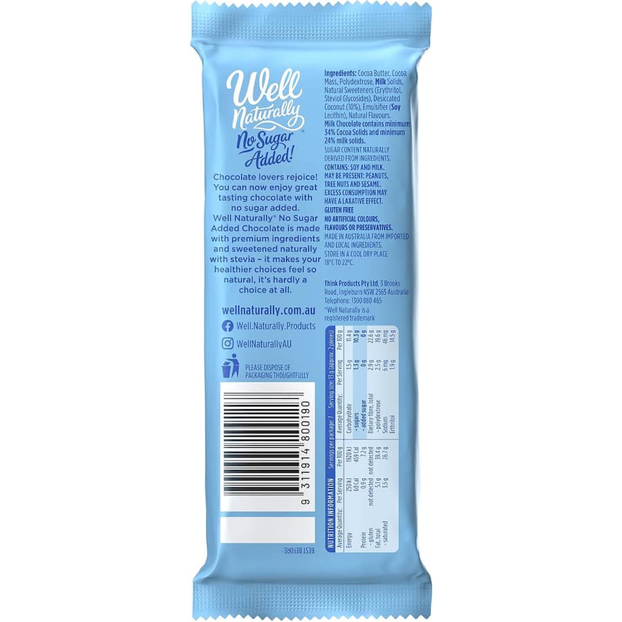Well Naturally No Sugar Added Snack Bar Milk Chocolate Coconut Delight 90g